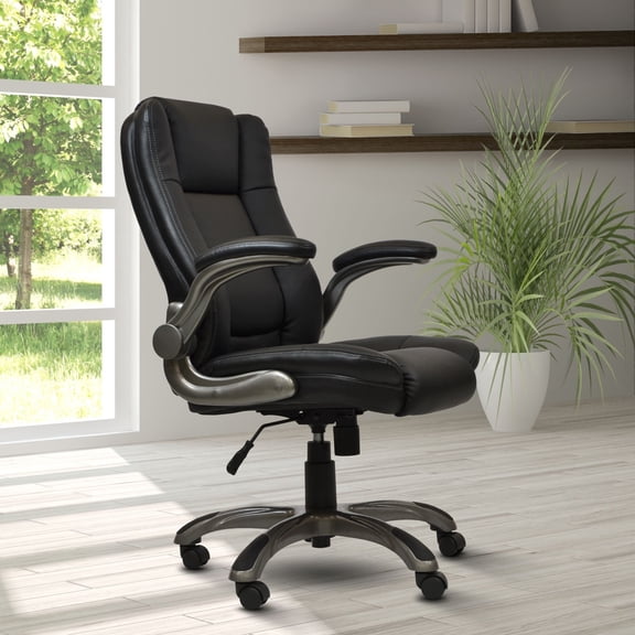 Techni Mobili Ergonomic Faux Leather Office Chair – Ultra-Padded Executive Desk Chair with Flip-Up Armrests, Height Adjustable, Tilt Control, and Smooth-Rolling Wheels, Black