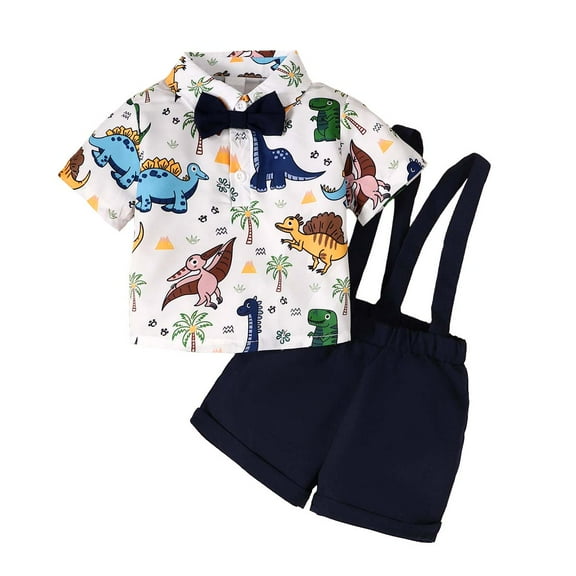 Kucnuzki 12 Months Infant Boy Summer Outfits Shorts Sets 18 Months Short Sleeve Vivid Dino Prints Gentle Lapel Shirt Tops Suspender Shorts 2PCS Set White   Navy Blue