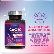 Coenzyme Q10 200mg per Serving Supplement - Ultra High Absorption, Antioxidant for Heart Health & Energy Production Support - CoQ10 (Ubiquinone) Co Q 10 Supplement & Vitamins 100mg Each, 120 Softgels