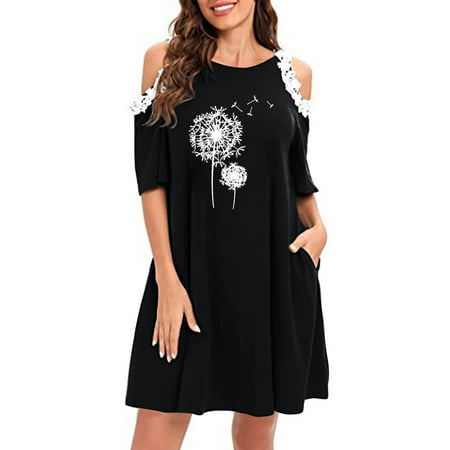 

Juebong Women s Summer Casual Off Shoulder Lace Short Sleeve forgive Solid Color Dress
