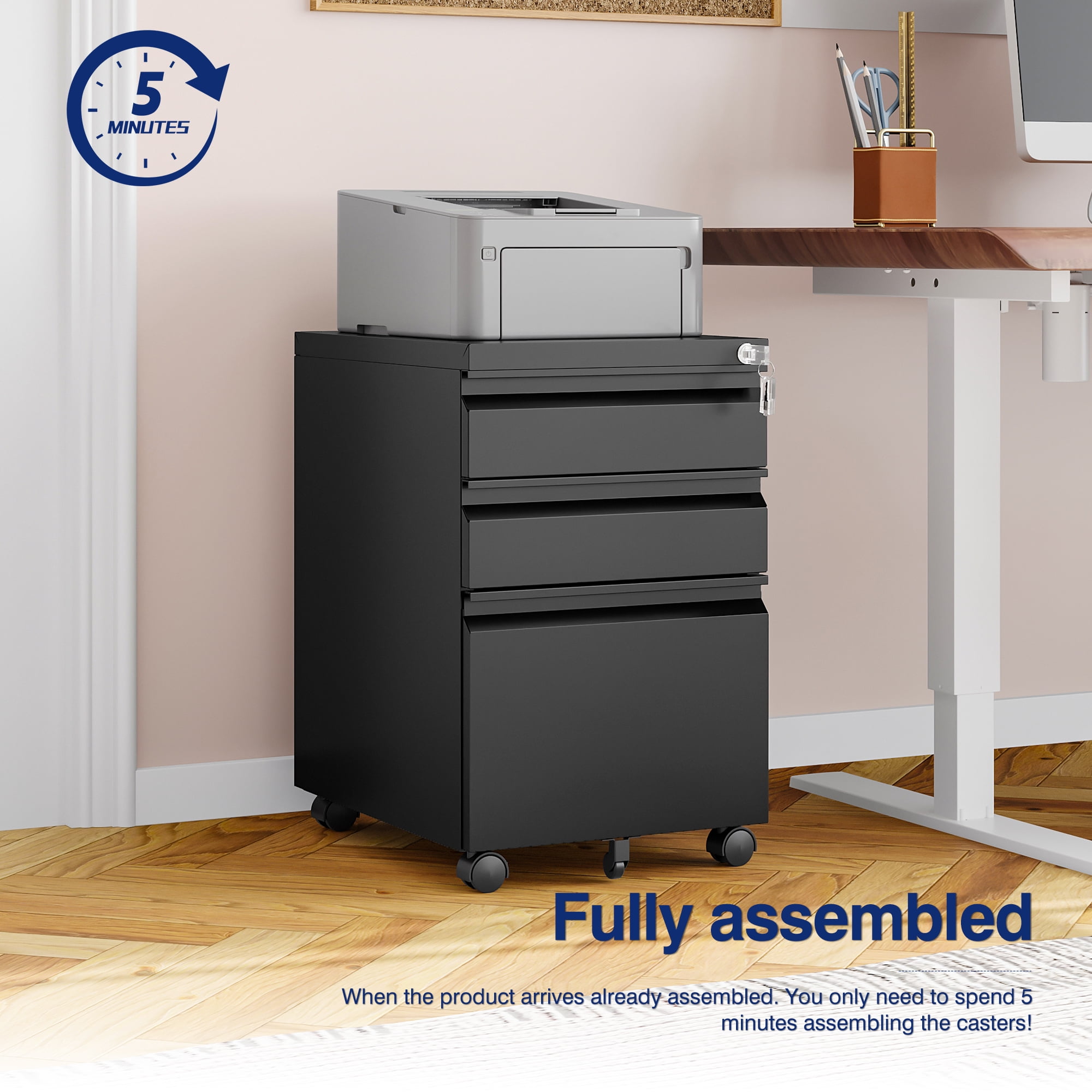 AUHUP 3 Drawer Mobile File Cabinet with Lock, Metal Filing Cabinet with Wheels for Legal/Letter/A4 File, Under Desk File Cabinets for Home Office,Black,Fully Assembled