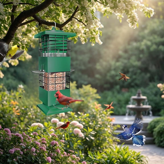 Squirrel Proof Bird Feeder, 3LBS Hanging Bird Feeders for Outdoors, Metal Weight-Activated Perches Wild Birdfeeder for Blue Jay, Cardinal, Outside (Green)