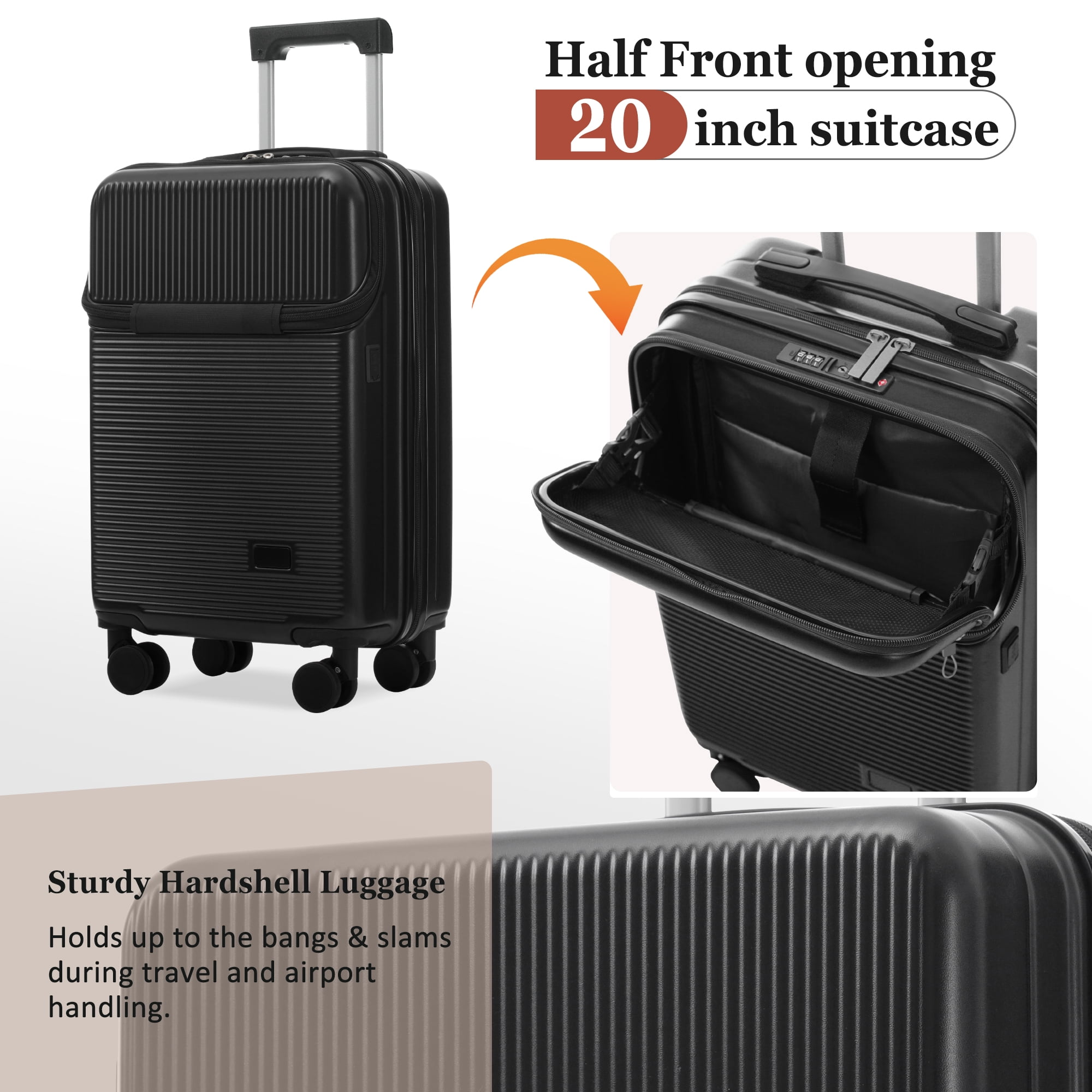 Luggage Sets 5 Piece with Half-opening, Hardside Carry On Suitcase Set with Double Spinner Wheel, Lightweight Travel Luggage with USB Port, TSA Locks