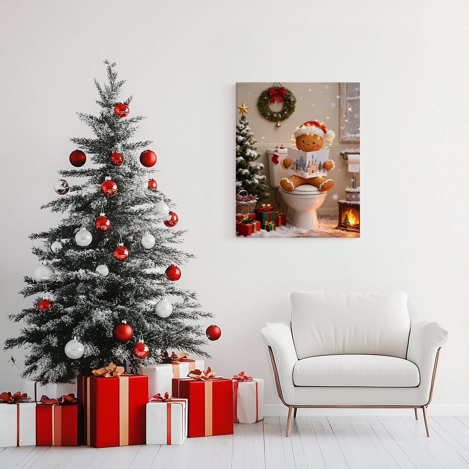 P&L Art Gingerbread Man Christmas Bathroom Canvas Wall Art, Festive Decor with Santa Hat & Lights, Framed Canvas Print