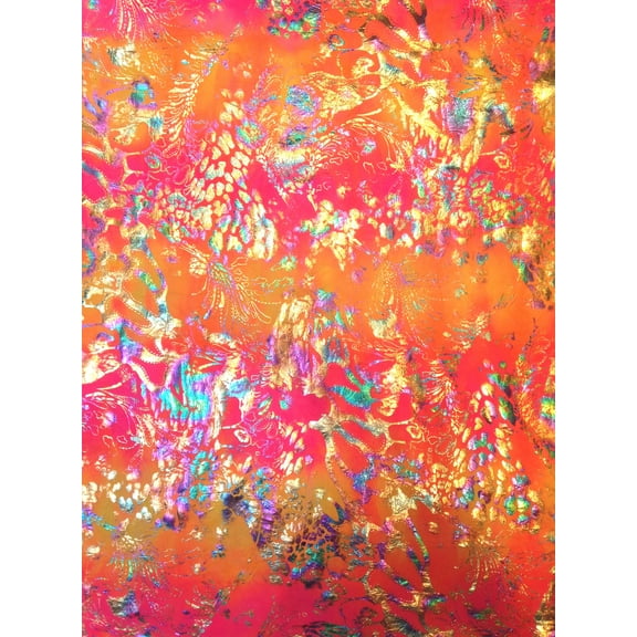Shiny Rainbow Foil Abstract Pattern on Bright Crease Stretch Nylon Spandex Fabric by The Yard (Orange/Hot Pink)