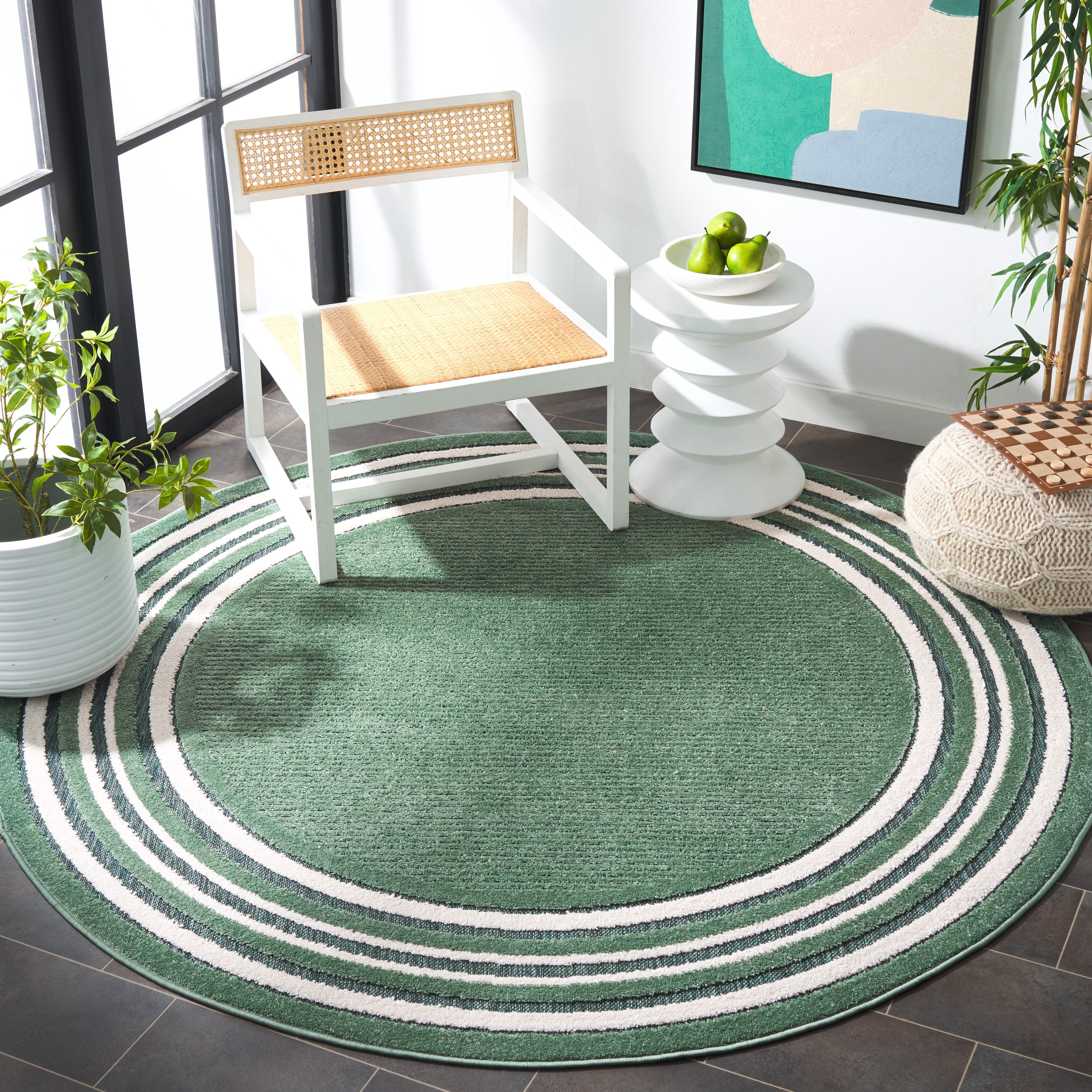 SAFAVIEH Cabana Rado Bordered Indoor/Outdoor Area Rug, Green/Ivory, 6'7" x 6'7" Round