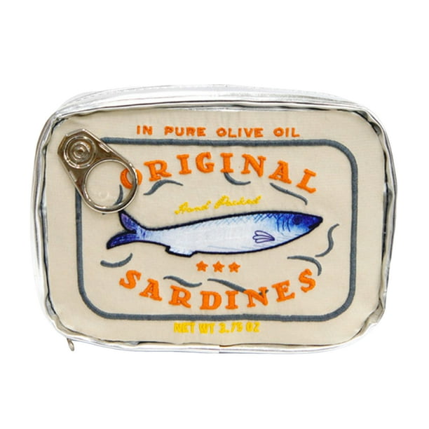Bolsa de maquillaje con diseño de sardinas enlatadas, cierre de cremallera, exquisitos patrones de bordado, neceser portátil de viaje, organizador de cosméticos.