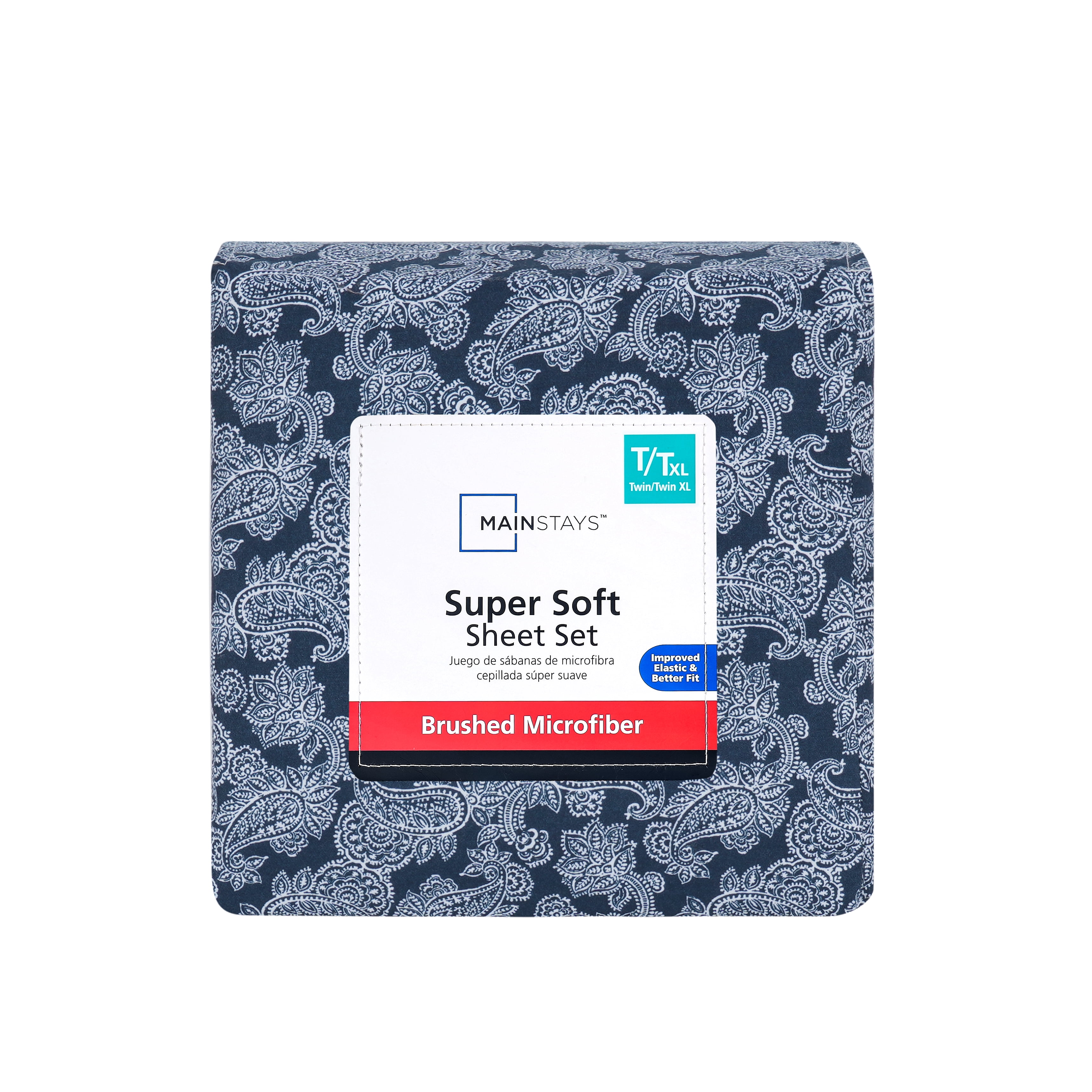 Mainstays Super Soft Brushed Microfiber Bed Sheet Set, Navy Blue Hayden Paisley Print, Twin-XL, 3 Piece