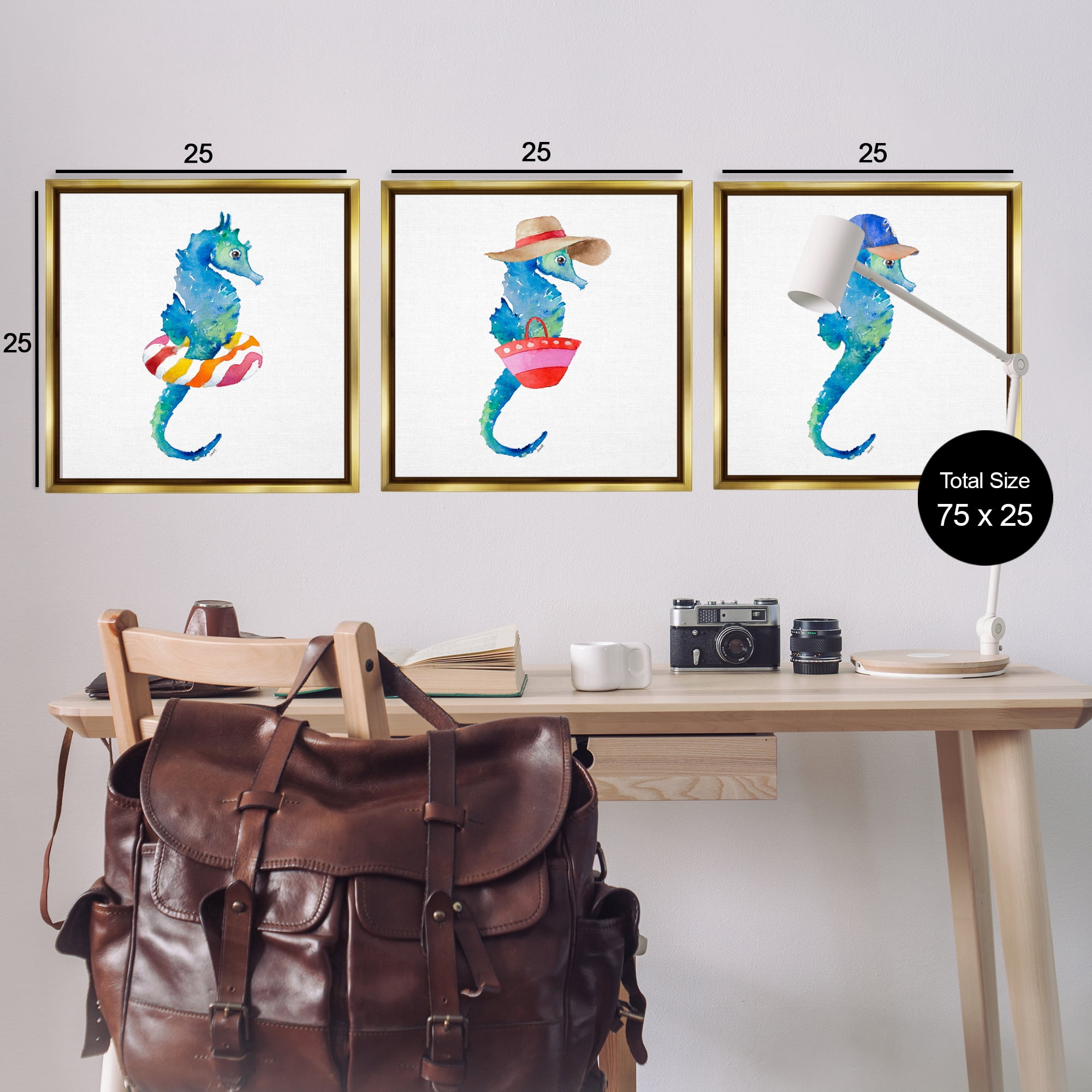 Stupell Industries Fun Beach Ready Seahorses Nautical & Beach Painting Gold Floater Framed Canvas Art Print Wall Art, 25 x 25, Set of 3