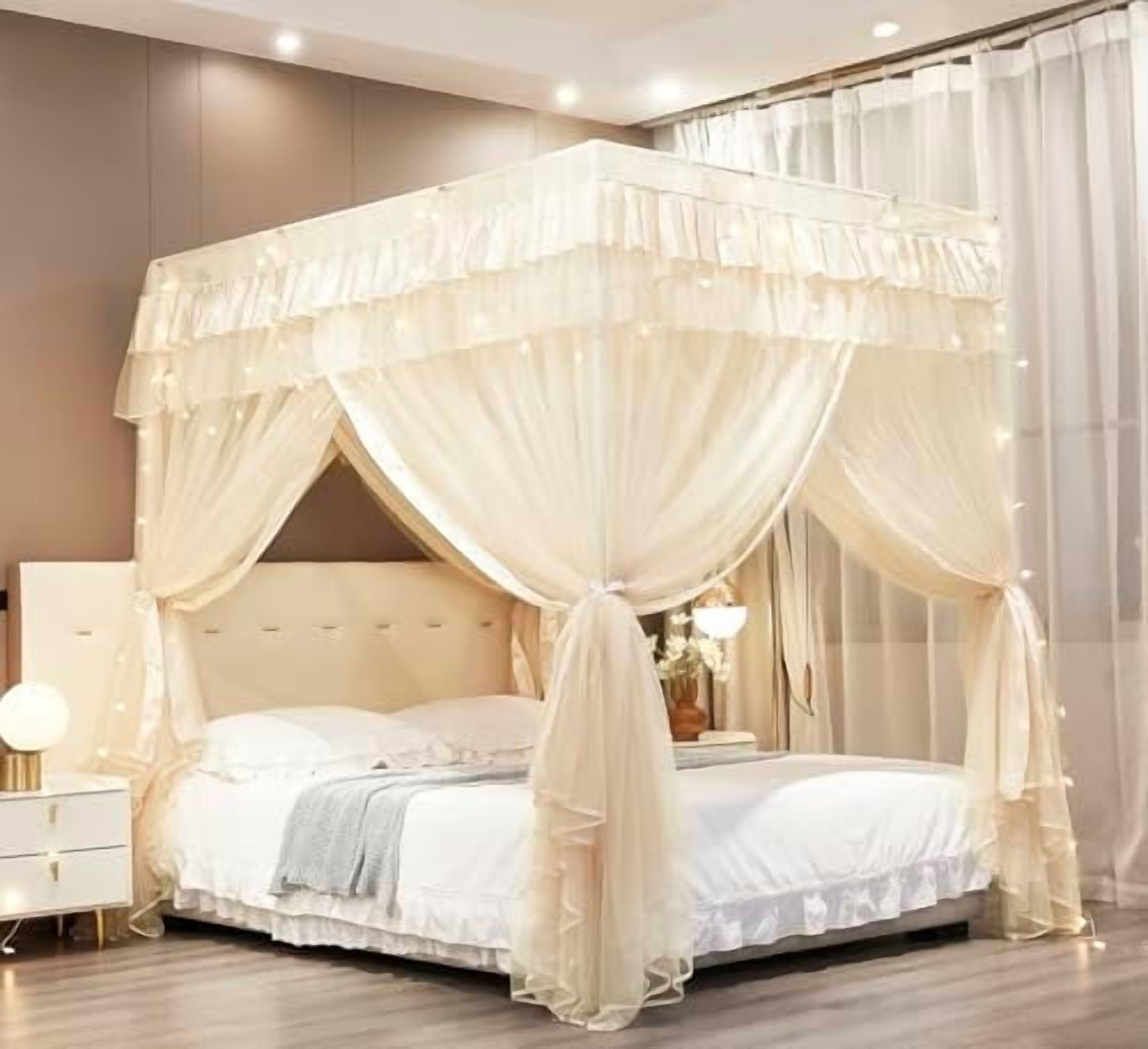 Canopy Bed Curtains Twin Sizes,Bed Canopy for Girls Royal Luxurious Cozy Bed Drapes Girls Room Decor(Ivory,Twin)