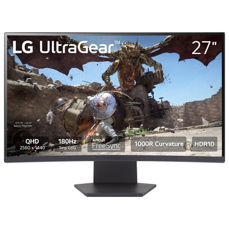 LG 27" UltraGear QHD 1440P 180Hz 1ms AMD FreeSync HDR10 1000R Curved Gaming Monitor, 27GS60QC-B