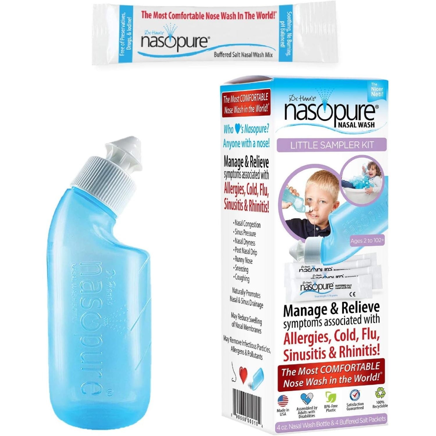 Nasopure Nasal Wash, Little Sampler Kit, The Nicer Neti Pot Sinus Wash Kit, Comfortable Nasal Rinse 4 Oz Bottle & 4 Salt Packets (3.75 Each), Nasal Congestion, Cold, Allergy, Nasal Irrigation