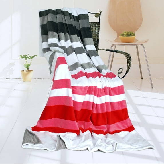 G&J Wide Road 59" X 78.7" Soft Coral Fleece Patchwork Blanket Striped Throw Blanket Fuchsia Red Black Grey Color
