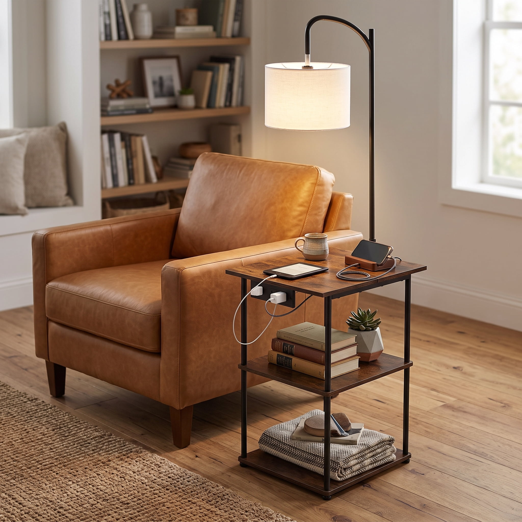 Floor Lamp with Table, Narrow 3-Tier End Table with Open Shelves & 3 Color Temperature Lighting, Side Nightstand Bedside Desk with USB & Type C & AC Charging Port for Living Room, Bedroom, Dorm