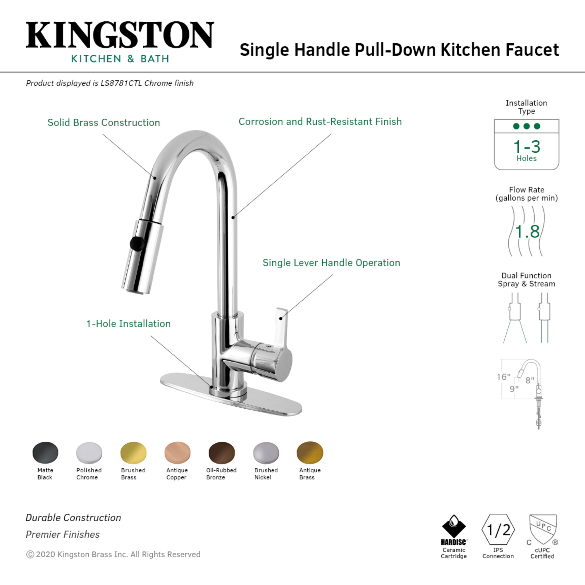 Gourmetier LS8783CTL Continental Single-Handle Pull-Down Kitchen Faucet, Brushed Brass
