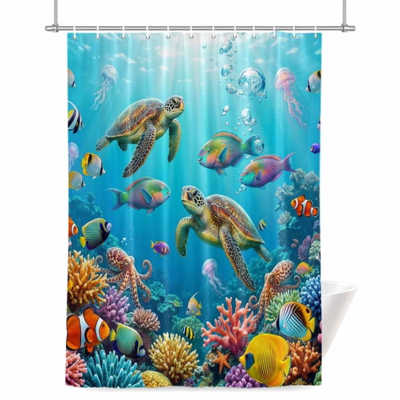 Marine Life Shower Curtain, Sea Turtles Fish Coral Octopuses Jellyfish Oceans Waterproof Shower Curtain Set with 12 Hooks Lightweight Bath Curtains Fabric Bathroom Decor 72x84 Inches
