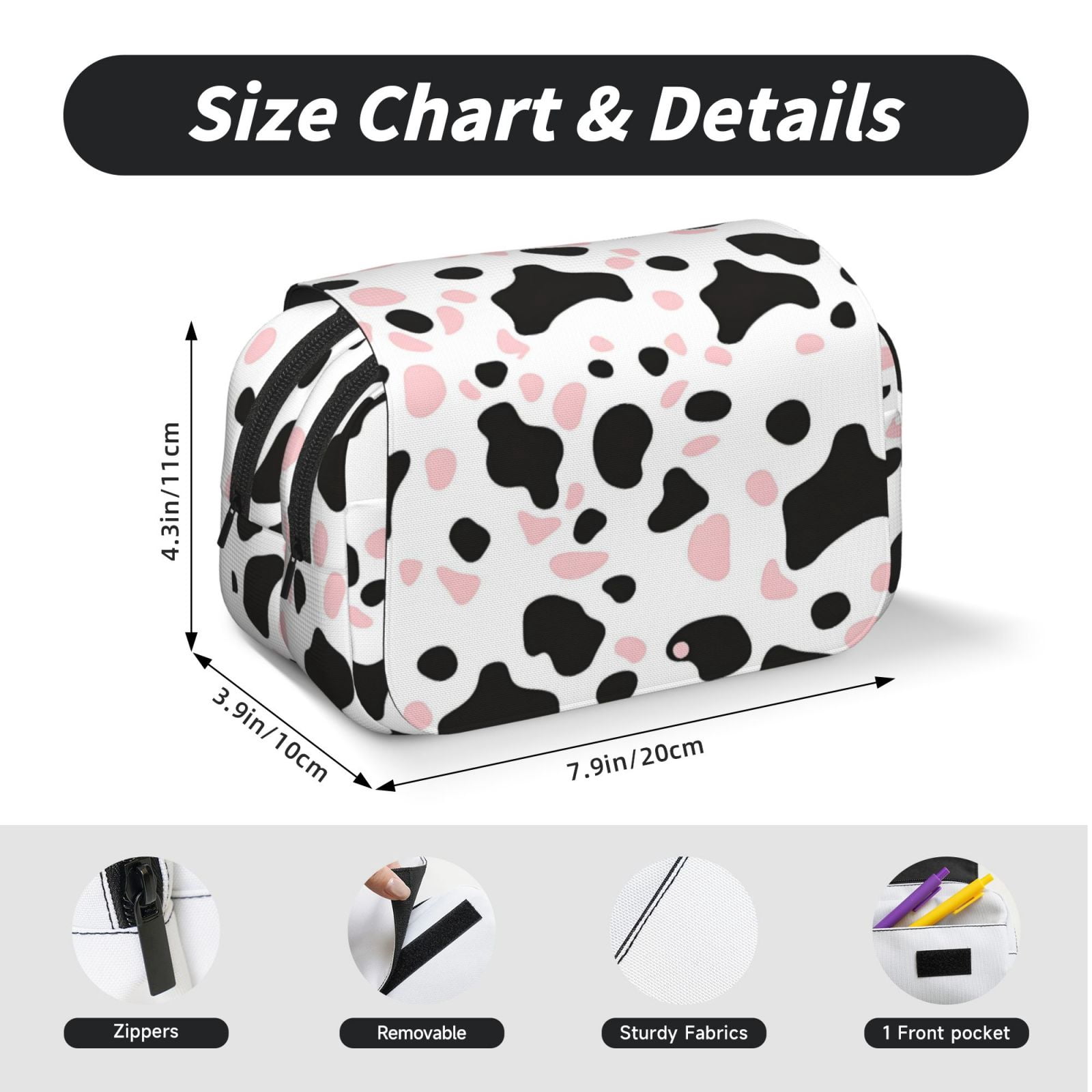Large-Capacity Flip-Top Double-Layer Pencil Case, Multi-Functional Pocket Pen Case, Durable Stationery Organizer Simple Cow Print Pattern White Background, Pink And White_1