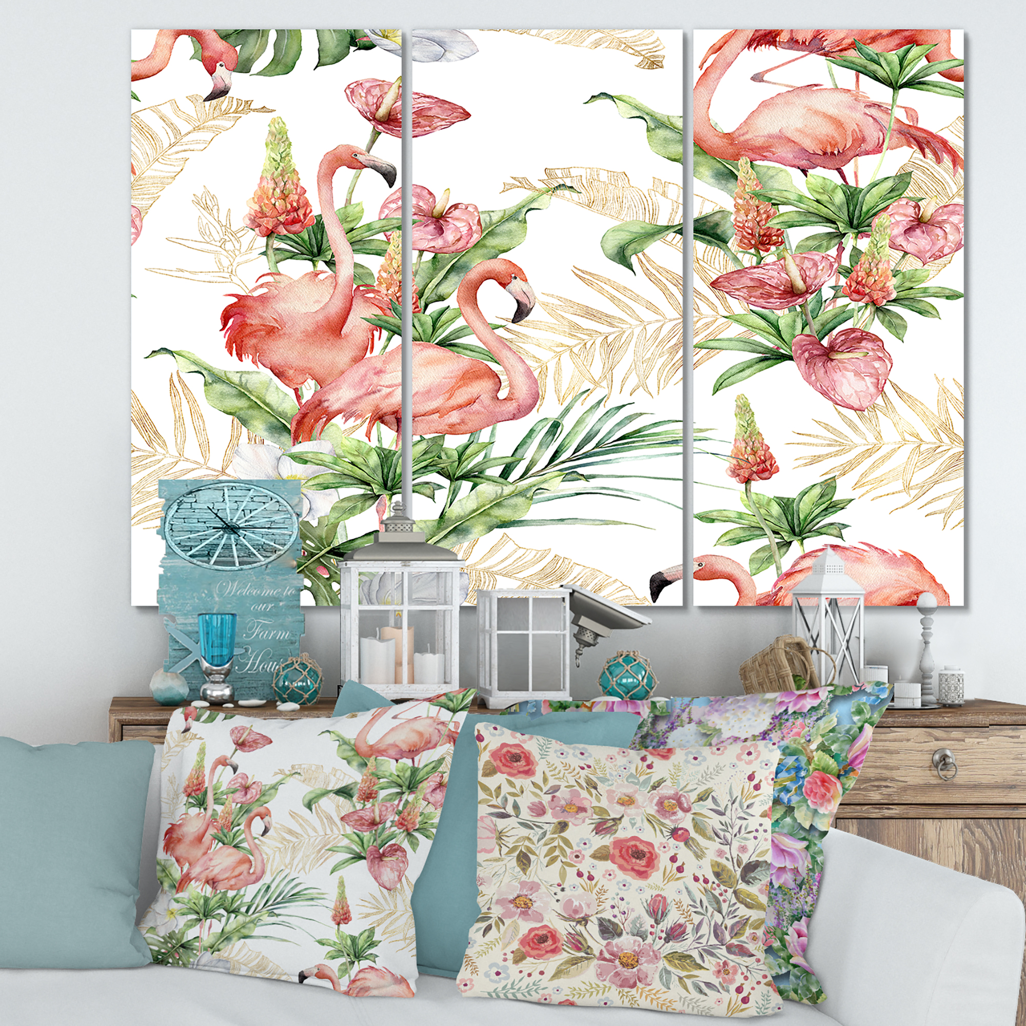Designart ' Tropical Flowers & Gold Leaves With Pink Flamingos ' Traditional Canvas Wall Art Print