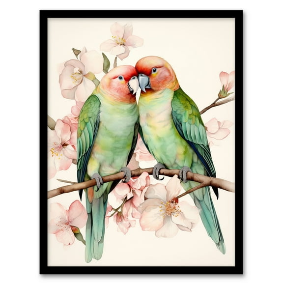 Birds Of A Feather Love Birds Perched On A Cherry Bloom Art Print Framed Poster Wall Decor 12x16 inch
