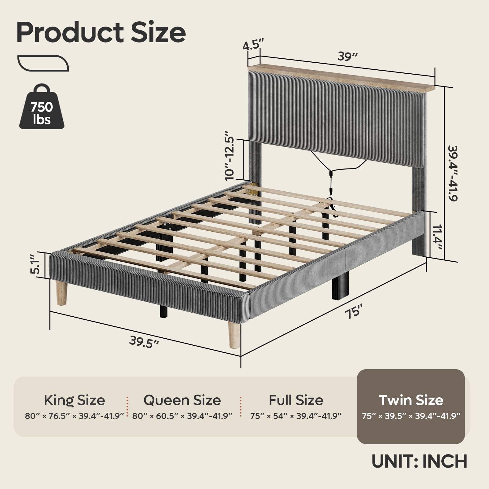 Bestier Twin Size Bed Frame Upholstered Platform Bed with LED Light & Adjustable Storage Headboard, Gray