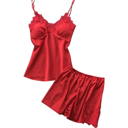 

wendunide summer dresses for women 2022 Womens Sexy Satin Sling Sleepwear Lingerie Lace Nightdress Underwear Set Red XL