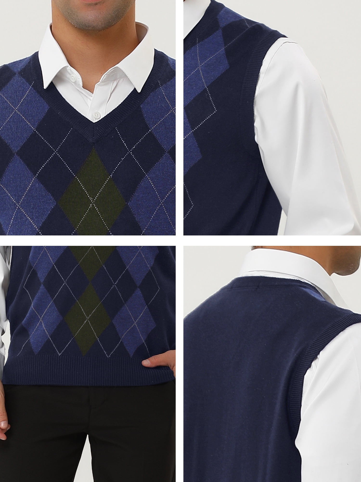 Unique Bargains Men's Argyle V Neck Slim Fit Sleeveless Knit Pullover Sweater Vests M Navy