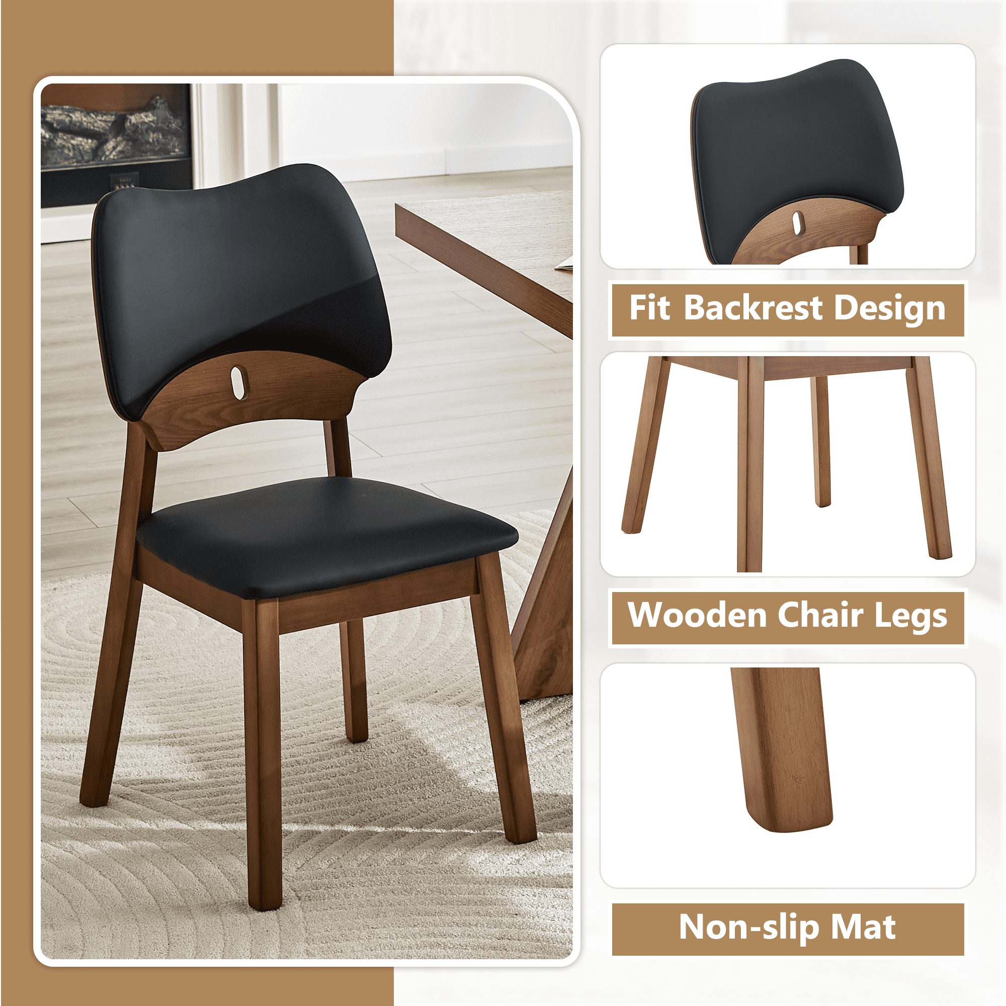 Leumius Dining Chairs Set of 2, Black PU Soft Packaging on the Backrest and Seat Cushion, Hollowed Out Backrests for Kitchen Dining Room