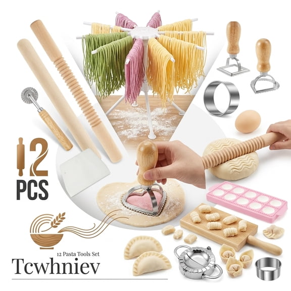 Tcwhniev 12 Pcs Pasta Maker Tool Set Include Pasta Drying Rack Gnocchi Board Dough Scraper Ravioli Maker Cutter Dumpling Maker Tool and More for Home Use