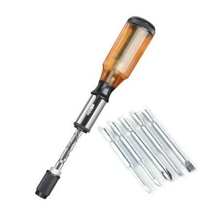 

Push Pull Ratchet Screwdriver Set 5 in 1 Screwdriver Bit Set Sleeve Driver Bit-Holder Ratchet Socket Screw Kit Brown