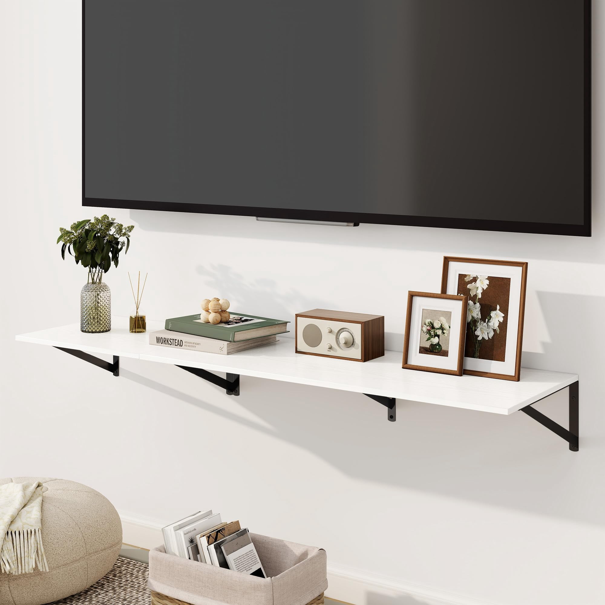 Set of 2 White Floating Shelves, 16x12 Inch Large Wall Shelf with Sturdy Metal Brackets for Living Room, Bedroom, Bathroom & Kitchen