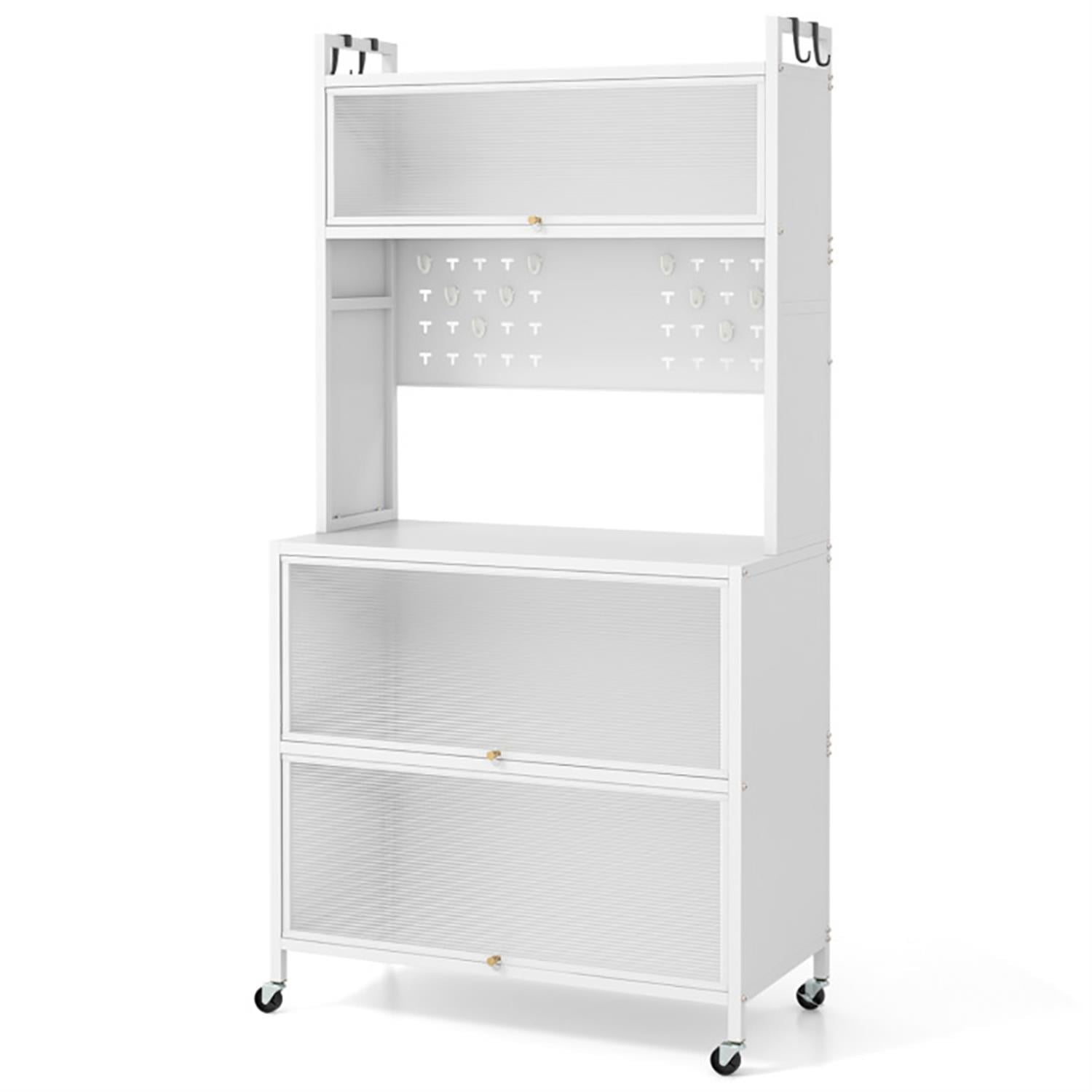 Demi Bonn 5 Tier Bakers Rack for Kitchen with Lights and Storage, Coffee Bar with Flip Door Cabinets, Multifunctional Microwave Stand Kitchen Storage Shelf, White