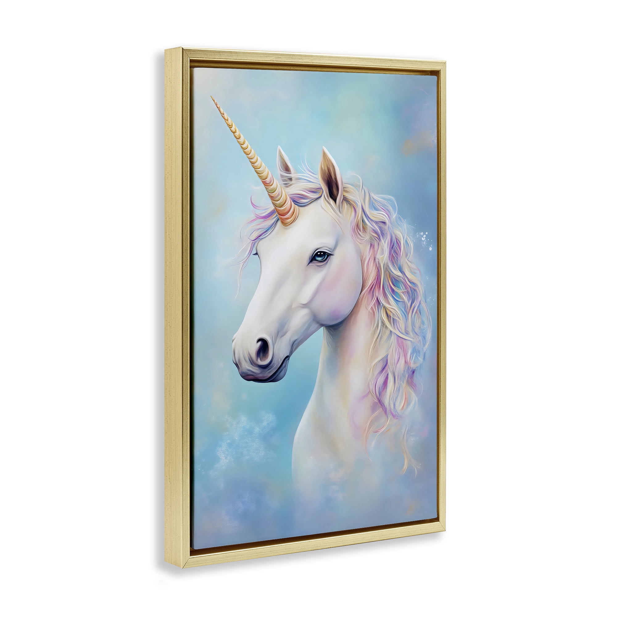 Stupell Industries White Unicorn on Blue Gold Framed Floater Canvas Wall Art, design by Creative Studio