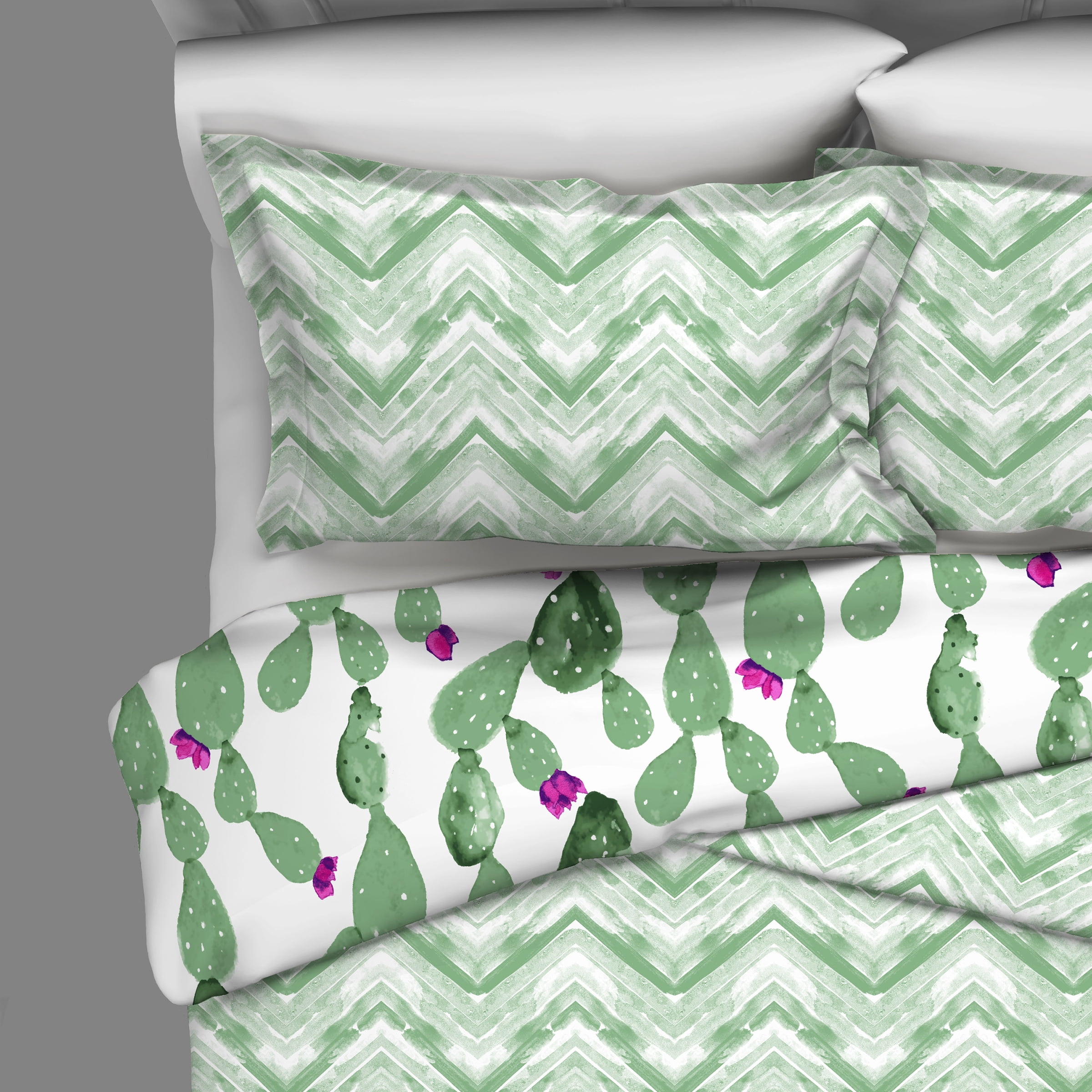 Vue Otto Reversible, Cactus Print, 3 Piece Quilt Set - Full/Queen - Green
