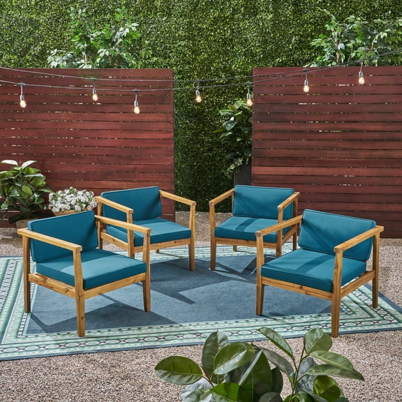 Newbury Outdoor Acacia Wood Club Chairs with Cushions, Set of 4, Teak, Dark Teal
