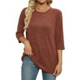 thumbnail image 3 of Womens Fall Clothes, 3/4 Sleeve Shirts for Women Fashion Loose Fit Solid Color Crewneck T-Shirts, 3 of 5