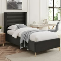 Montez Upholstered Velvet Full Size Wingback Platform Bed, Black