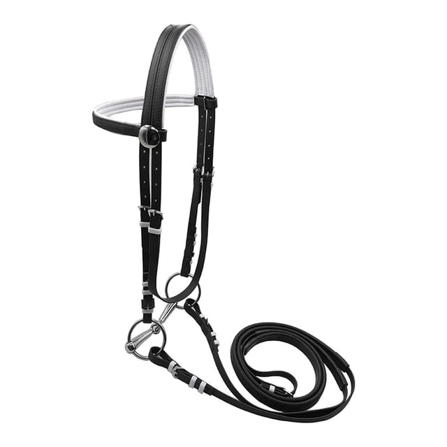 Cabezada de caballo con riendas, bocado de anilla de acero inoxidable, equipo ecuestre. M negro