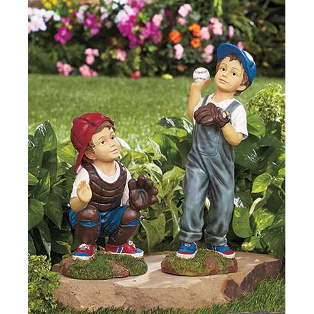 Bigbolo Set of 2 Baseball Player Garden Statues Pitcher Catcher