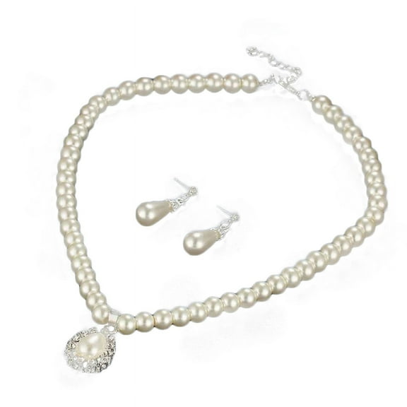Ruanlalo Water Drop Shape Pendant Faux Pearl Beaded Necklace Earrings Bridal Jewelry Set White