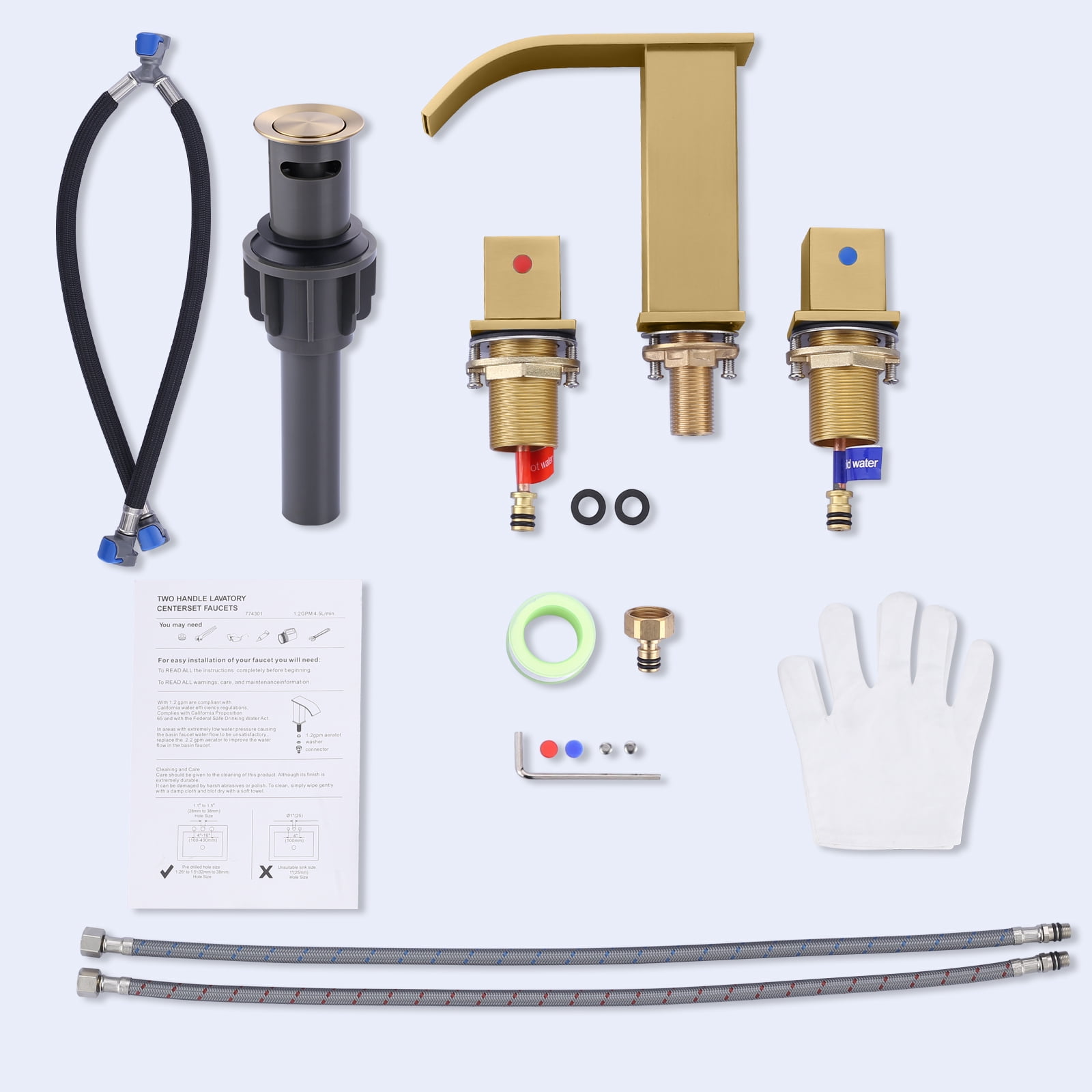 Brushed Gold Waterfall Bathroom Faucet: WOWOW 8 inch Widespread Bathroom Faucets for Sinks 3 Hole, Modern 2 Handles Bathroom Sink Faucet with Pop up Drain and cUPC Supply Lines