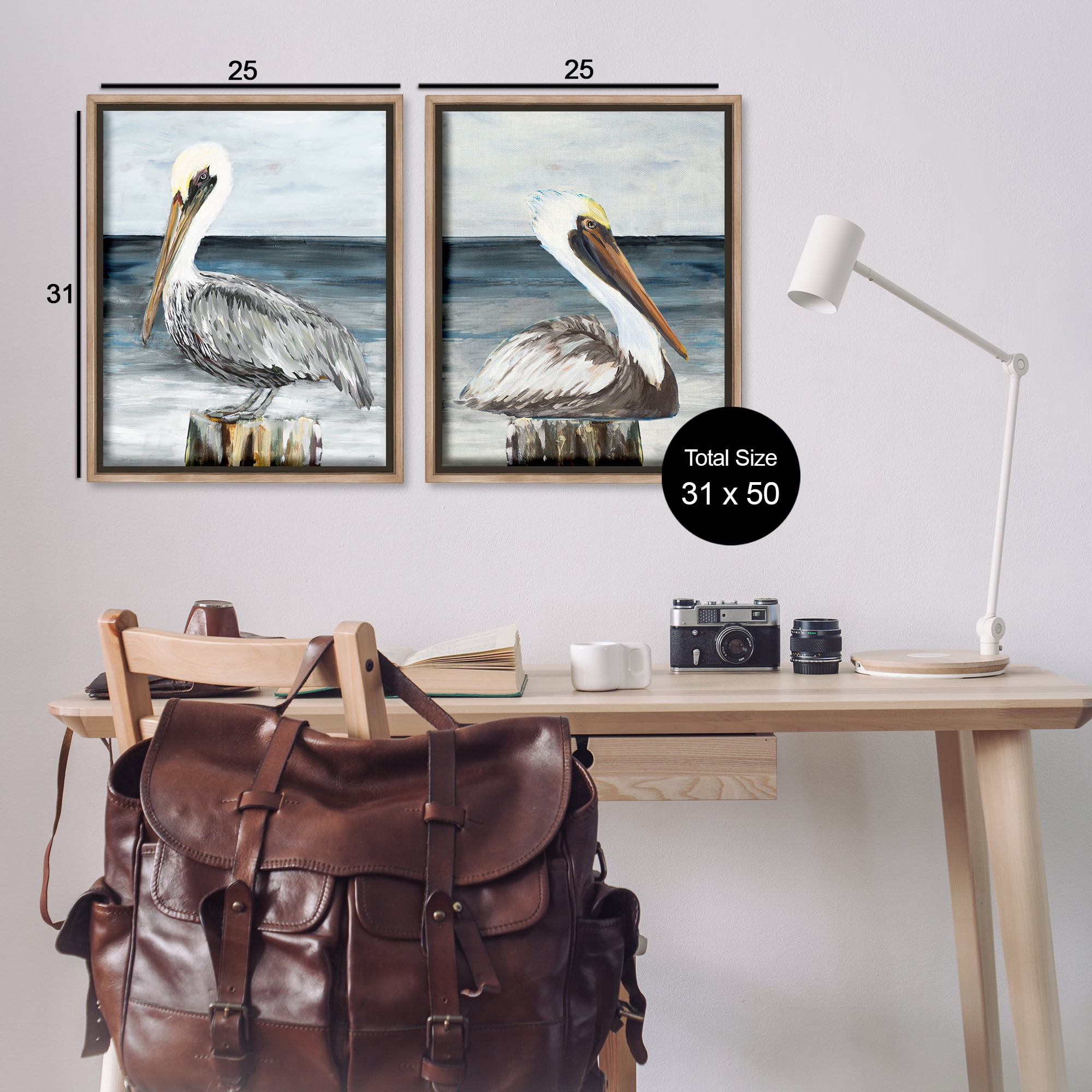 Stupell Industries Beachfront Pelican Log Animals Painting Brown Floater Framed Canvas Art Print Wall Art, 31 x 25, Set of 2