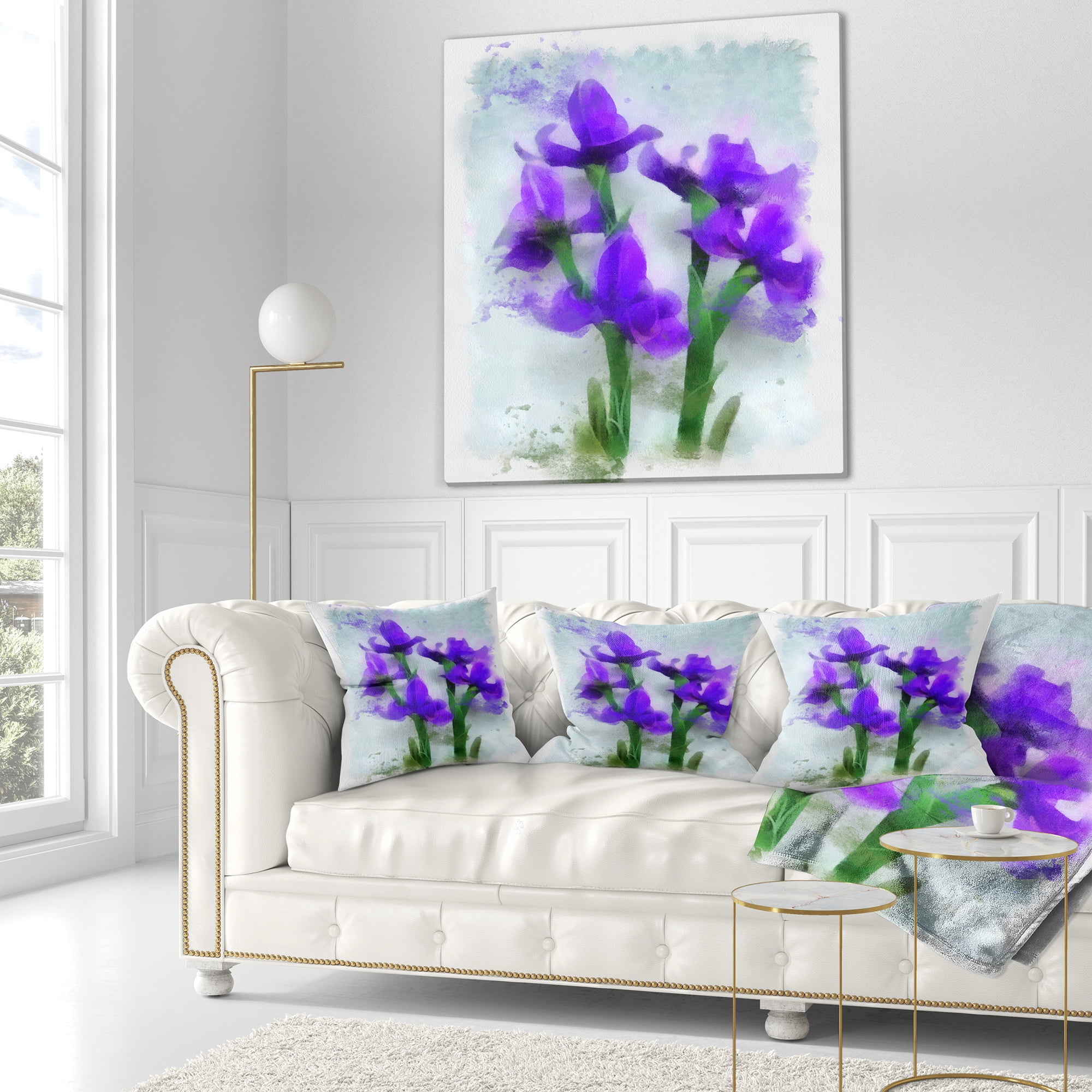 Designart Blue Irises Illustration Watercolor - Floral Throw Pillow - 16x16