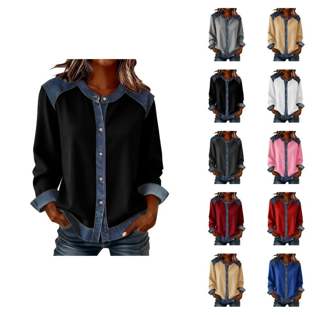 Womens Long Sleeve Tops 2026 Spring Fashionable Crewneck Button Down Denim Patchwork Casual Shirt Blouse Top