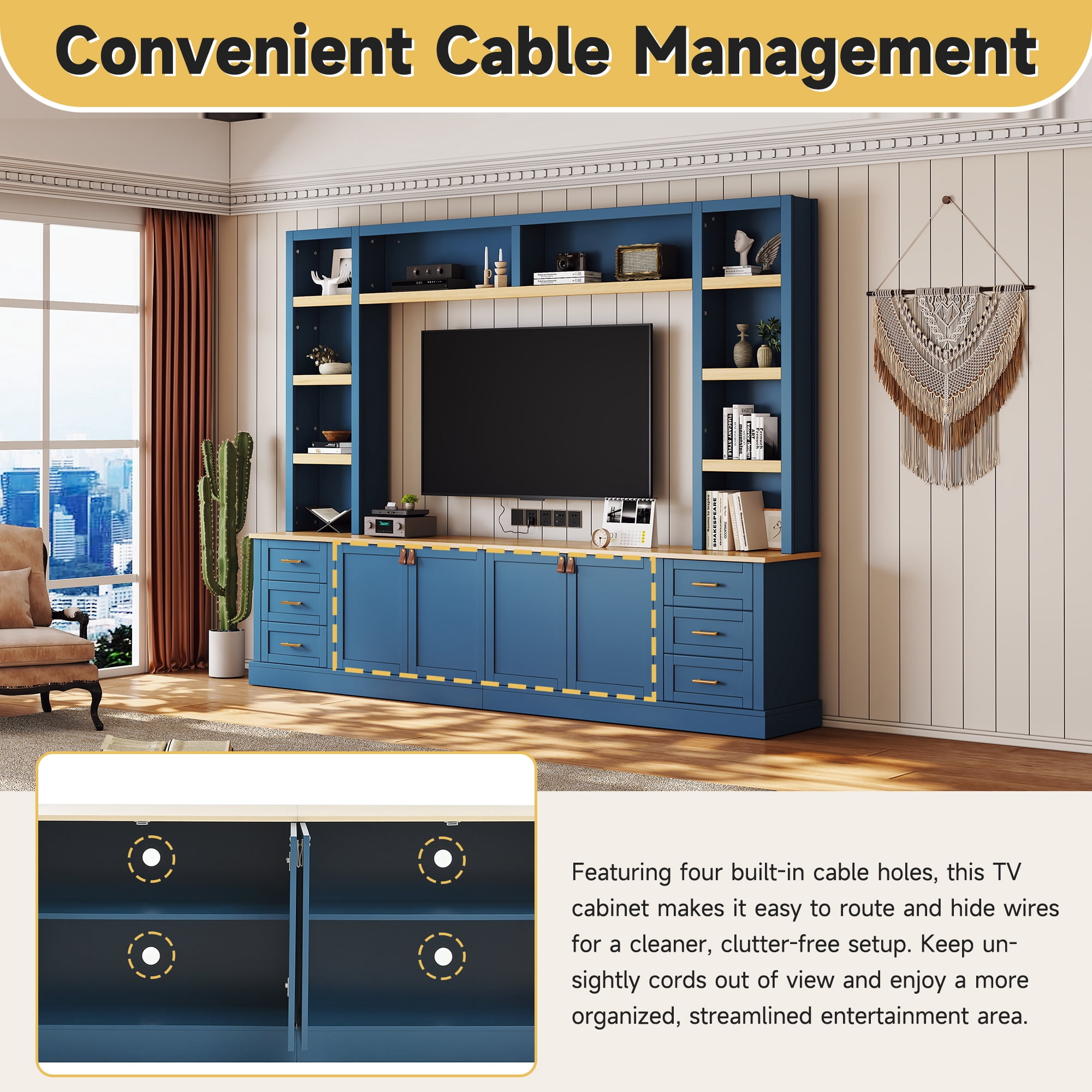 Euroco 102.3"W Farmhouse 4-Piece Entertainment Center Wall Unit with Adjustable Shelf, Modern Large TV Stand with Bookshelves