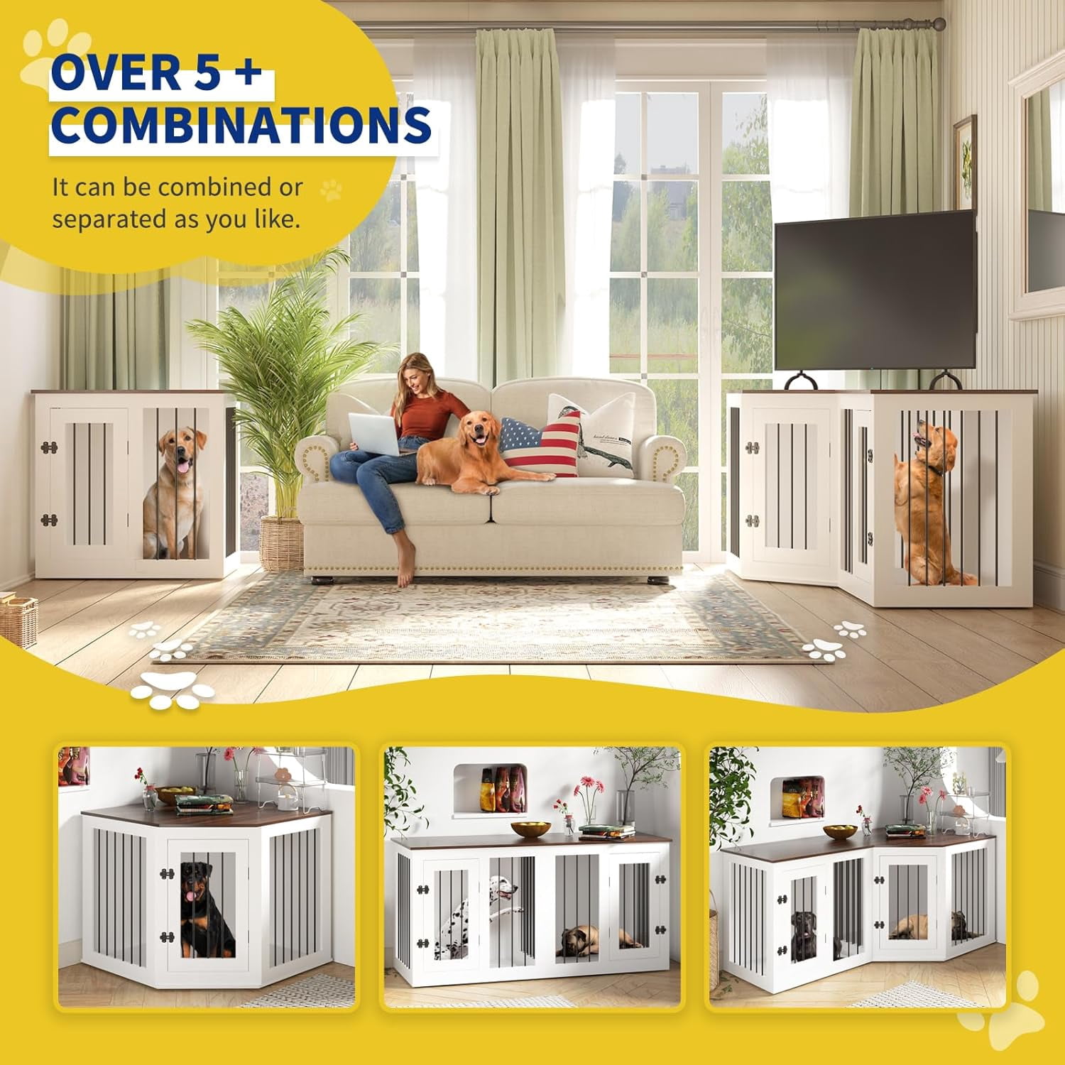 Large Dog Crate Furniture for 3 Dogs, Cuoote 113" Corner Dog Kennel, 3-in-1 Heavy Duty Indoor Wooden Crate for Small, Medium & Large Dogs
