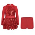 thumbnail image 2 of IBTOM CASTLE Girls Sparkle Sequins Dance Outfit Kids Latin Hip Hop Jazz Dancewear Mesh Long Sleeve Glitter Dress with Shorts Set 红色, 2 of 7