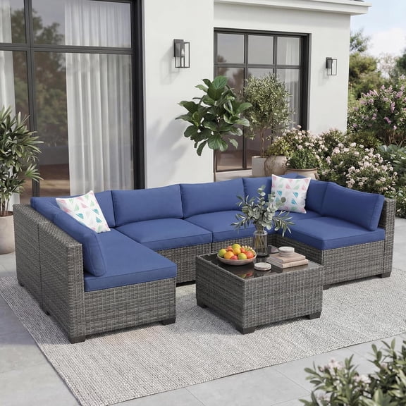 7 Piece Patio Furniture Set, Outdoor Sectional Rattan Sofa Set with Coffee Table, Wicker Outdoor Conversation Set Sectional Sofa with Thick Cushions for Backyard, Poolside, Garden,Grey & Blue