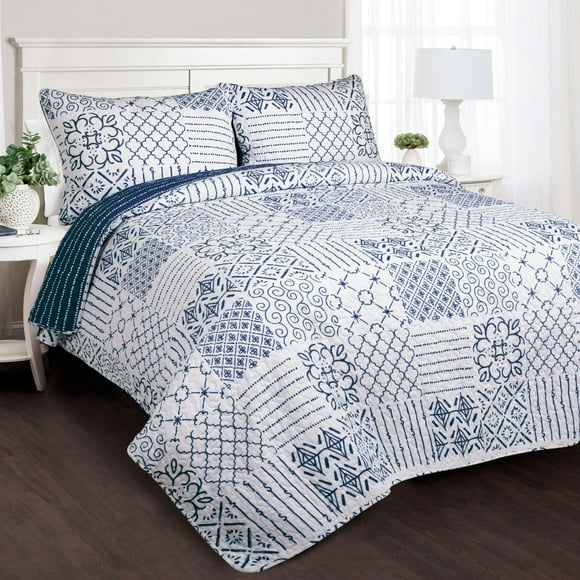 Lush Decor Monique Quilt Blue 3Pc Set Full/Queen