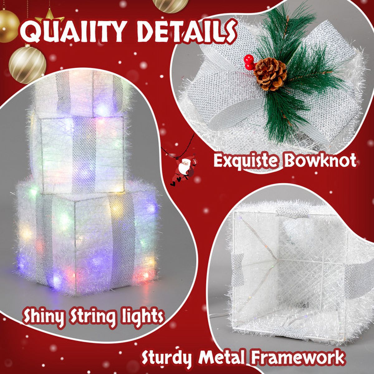3-Piece Lighted Christmas Gift Boxes Set, 48 Multicolor LED Lights, Nesting Design for Storage, Indoor/Outdoor Decor for Tree, Porch, Yard
