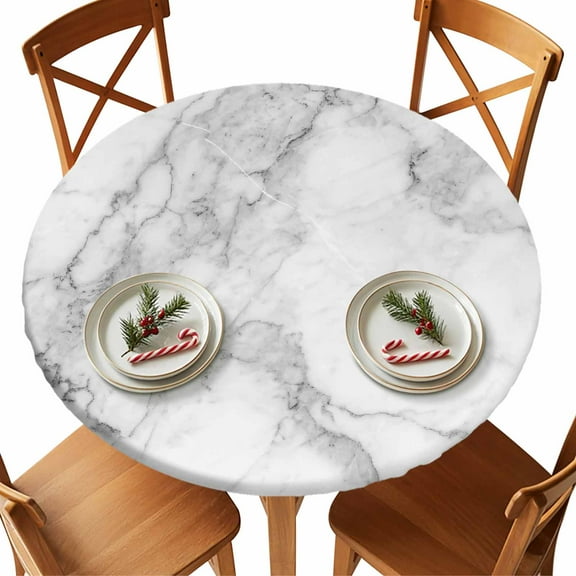 Round Tablecloth Grey White Marble Elastic Edge Fitted Abstract Modern Textured Plastic Table Cover,Waterproof Oil Proof for Dinner,Outdoor, Picnic, 45"- 54" DIA Tables